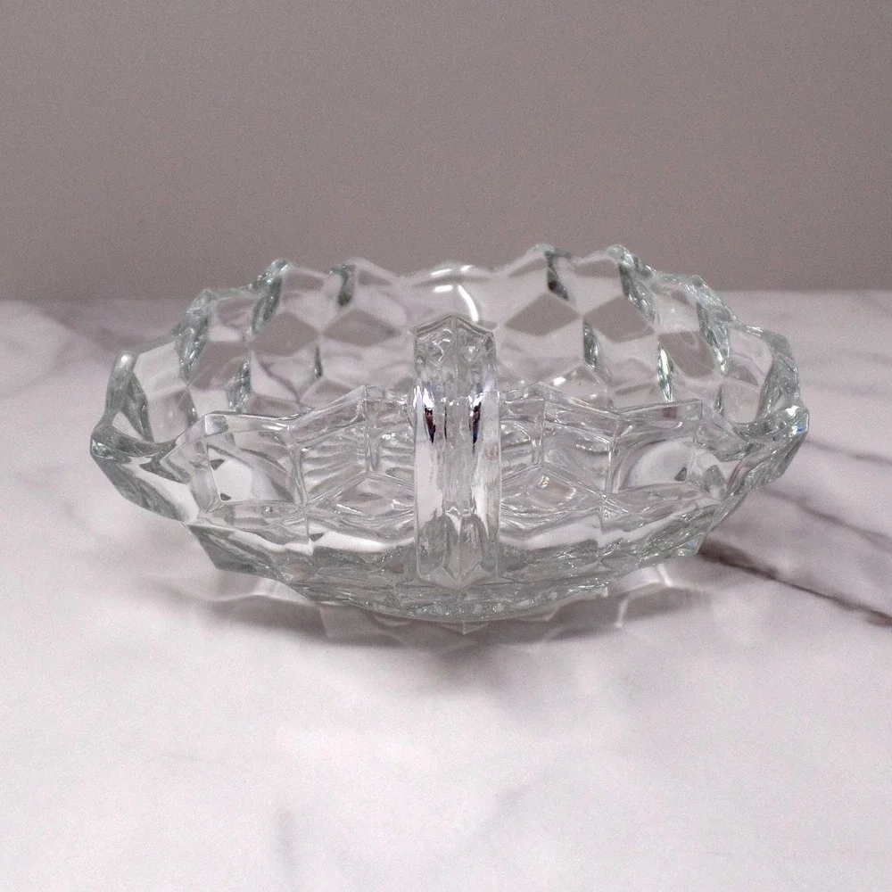 Vintage Fostoria American Clear (2056) Handled Three-cornered Nappy Bowl #501